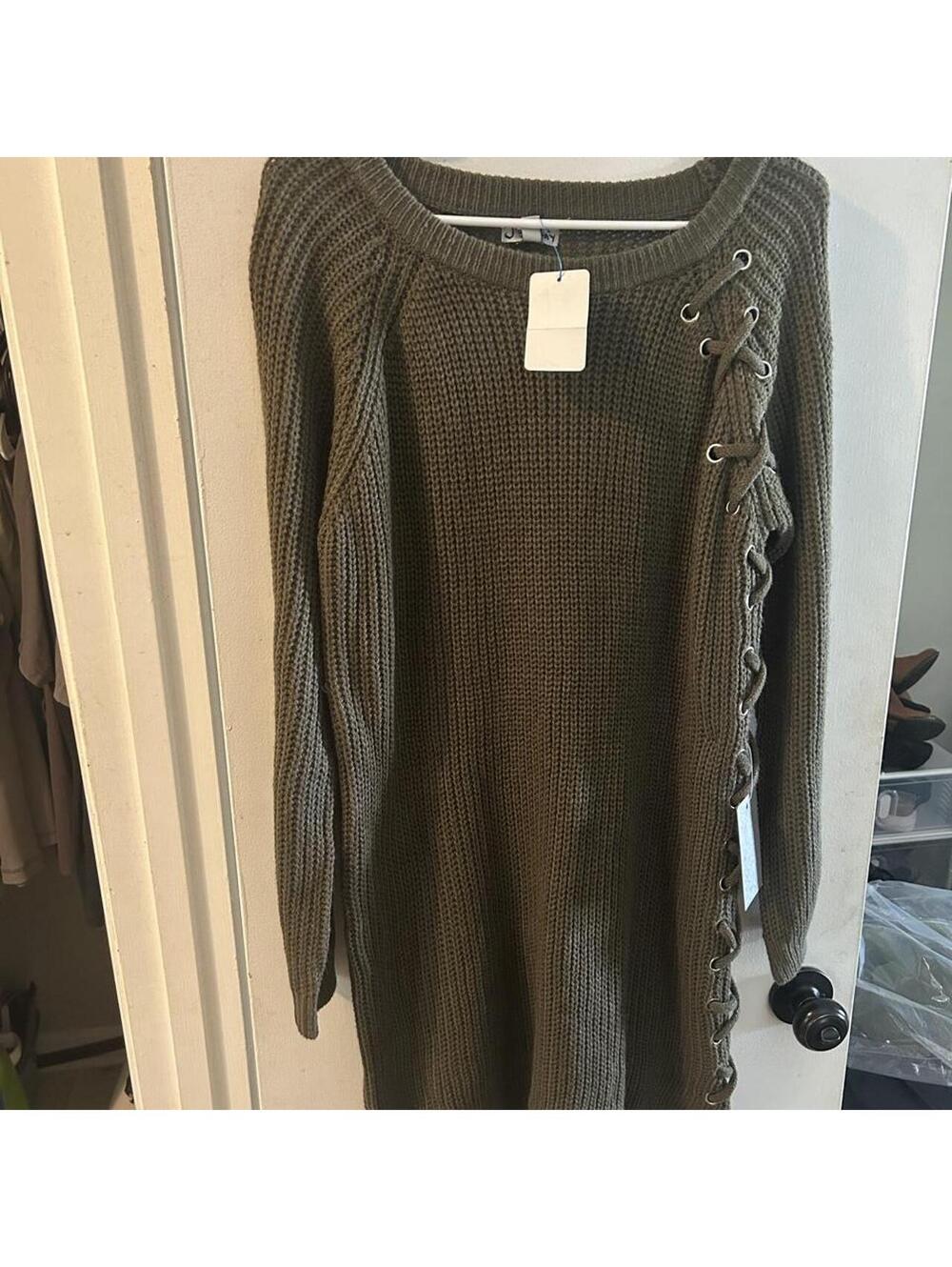 NWT J for Justify olive green knit sweater dress tie up adjustable sides size M